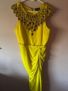 Virgo lounge Bright Yellow Sleeveless Jeweled Midi Dress
